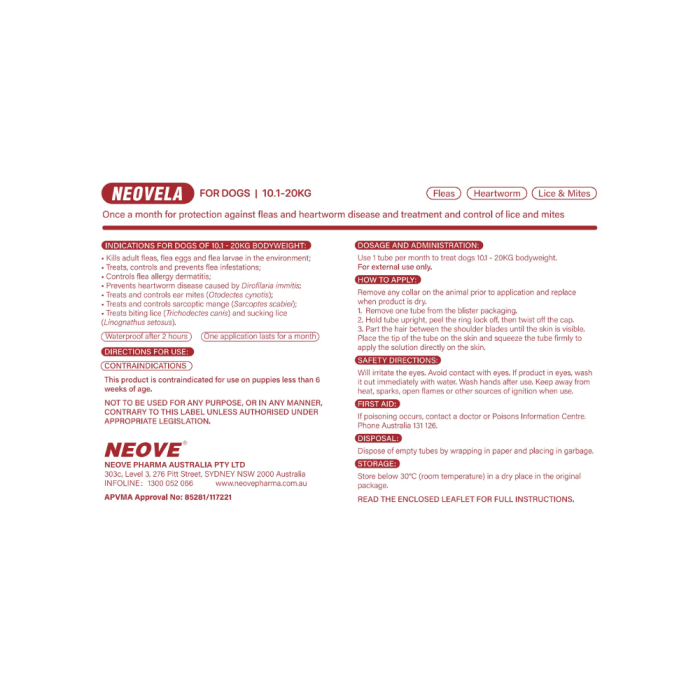 NEOVELA Flea And Worming For Dogs 10.1-20kg 4x1.0mL Tubes Red