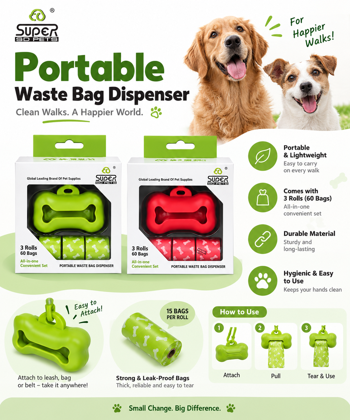 Portable Dog Waste Bag Dispenser with 3 Rolls - Random Colour