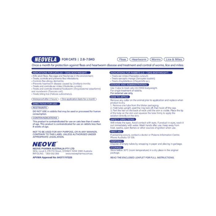NEOVELA Flea And Worming For Cats 2.6-7.5kg 4 x 0.75mL Tubes Blue