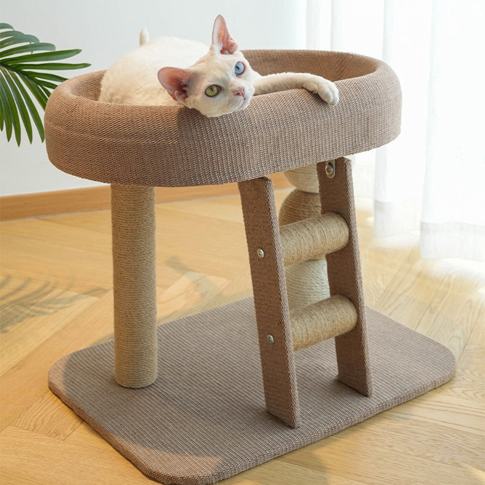 Low Cat Tree with Raised Bed & Sisal Scratching Posts – Step Design