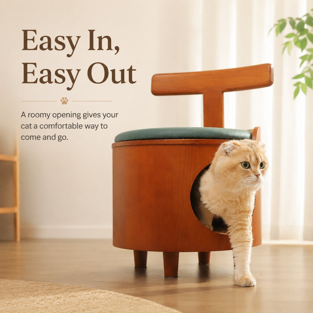 Closed Cat House & Human-Cat Shared Wooden Stool – Warm and Cozy, Four Seasons