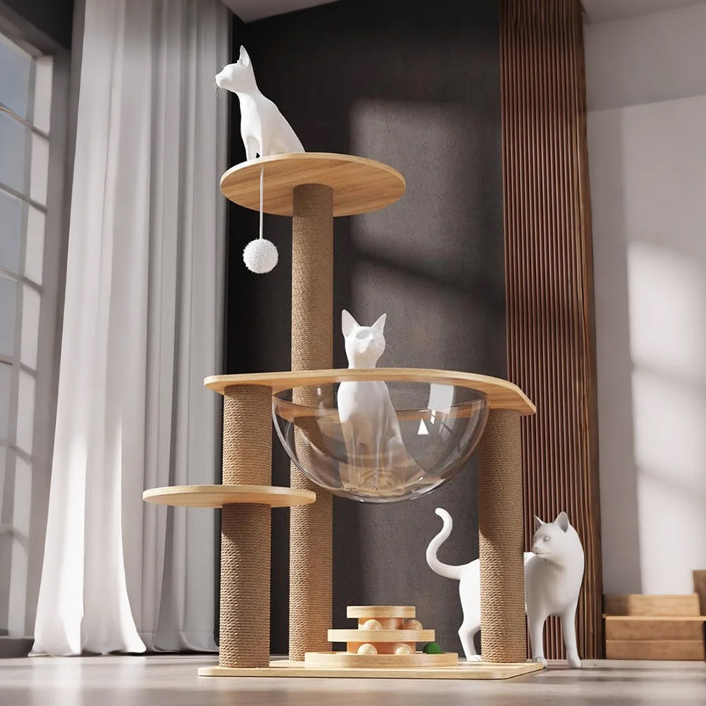 Wooden Cat Tree with Sisal Scratching Posts & Acrylic Space Pod