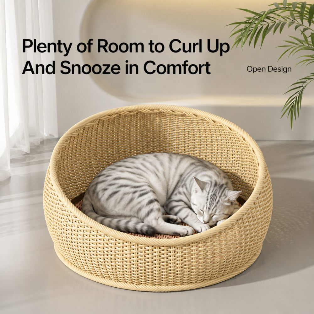 Woven Straw Cat Bed with Cooling Mat and Cushion – Semi-Enclosed, All-Season