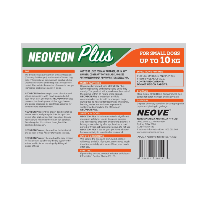 NEOVEON PLUS Fleas And Ticks For Small Dogs Up To 10kg 4x0.67mL Tubes Orange