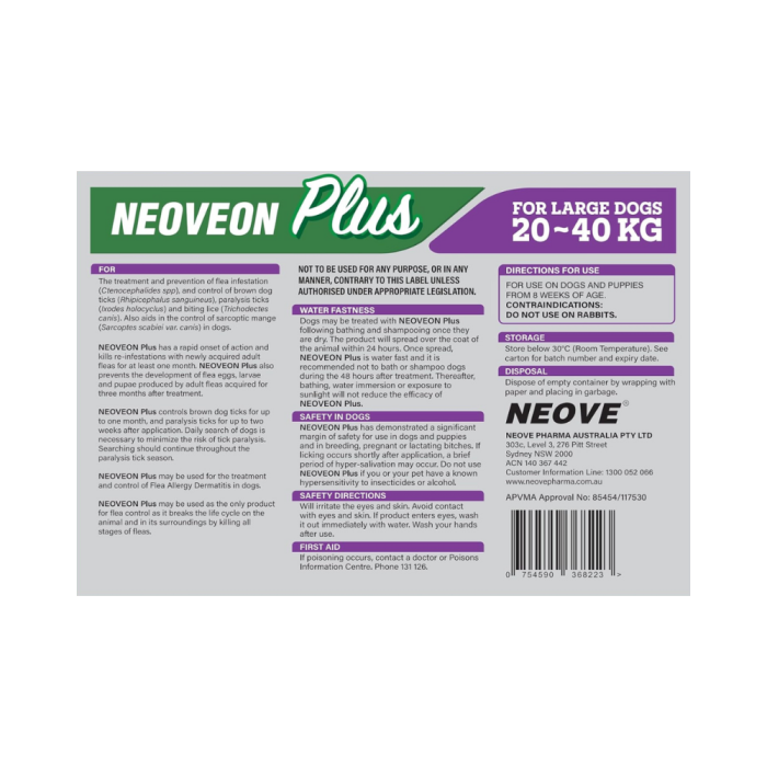 NEOVEON PLUS Fleas And Ticks For Large Dogs 20-40kg 4x2.68mL Tubes Purple