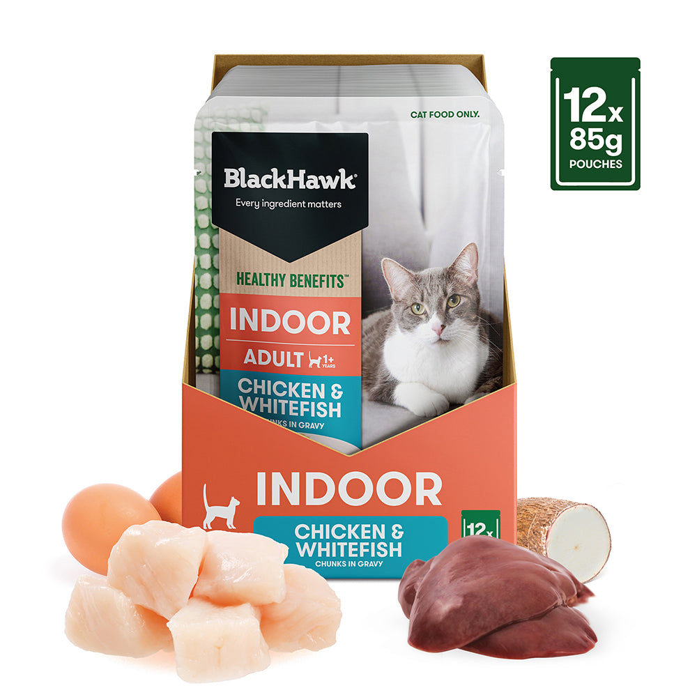 BLACK HAWK Healthy Benefits Chicken & Whitefish in Gravy Indoor Adult Wet Cat Food 85g x 12