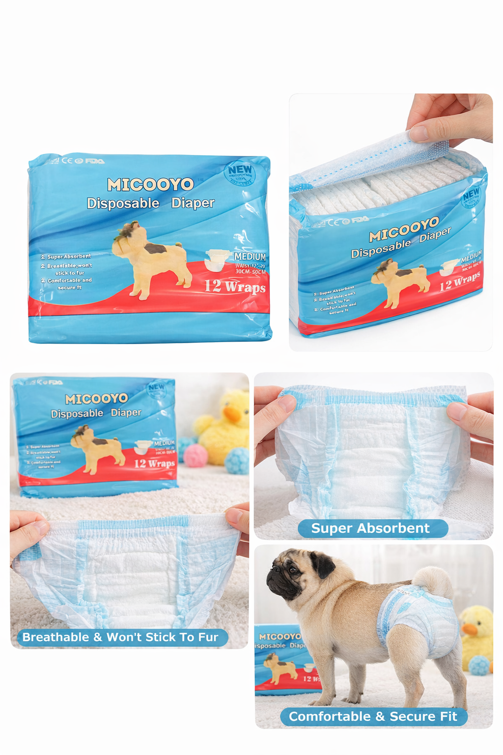 MICOOYO Disposable Dog Diapers – Medium Size, 12 Pack