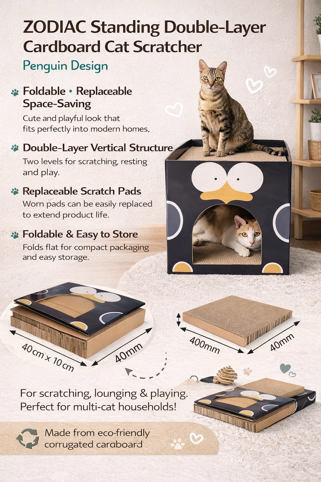 ZODIAC Square black penguin-shaped Cat Scratcher 40x40x40cm