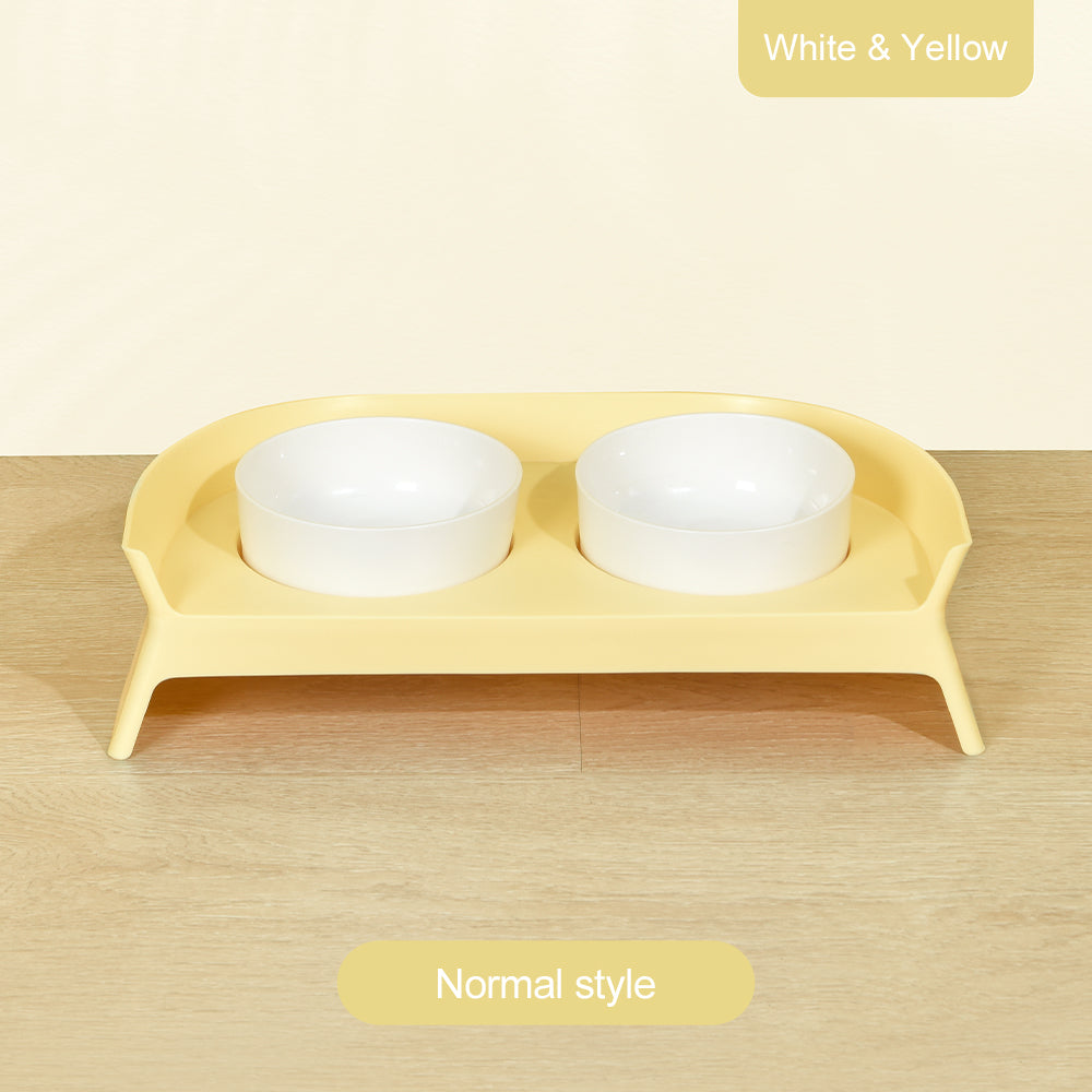 PAKEWAY White Double Plastic Pet Bowls with Yellow Rack