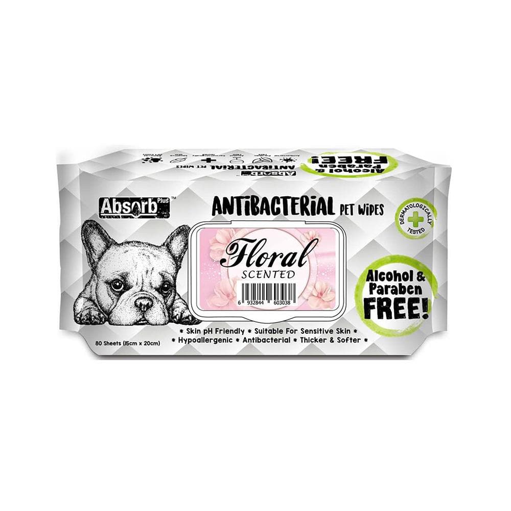 ABSORB PLUS Antibacterial Flora Pet Wipes 80 Sheets 20x15cm