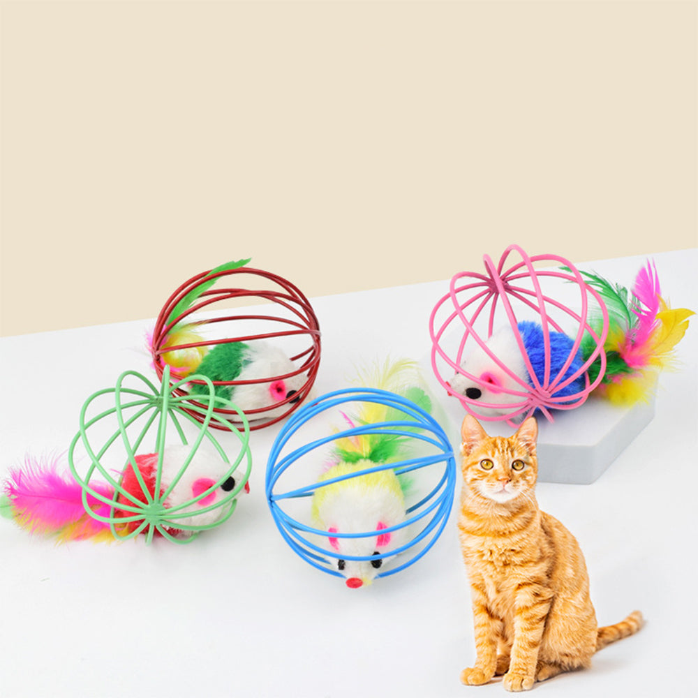 Multi-Color Feather-Tailed Mouse Trapped in Wire Cage Random Colour Cat Toy
