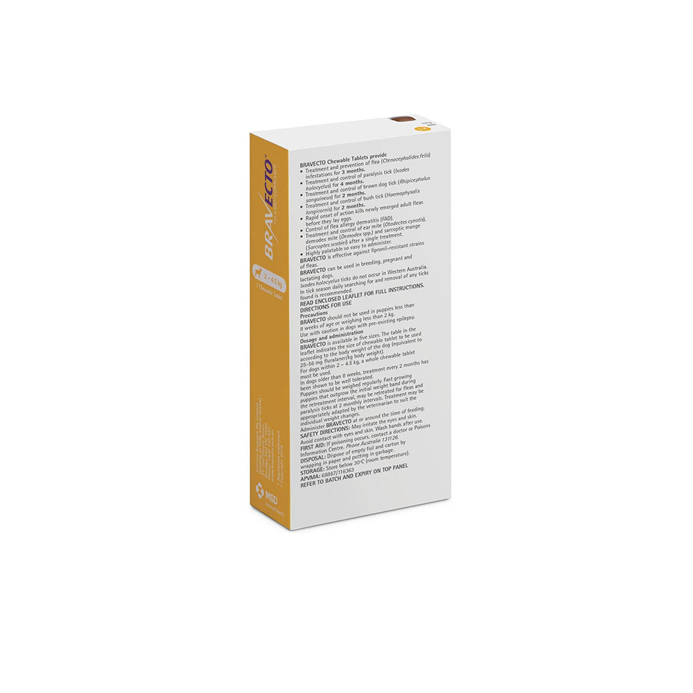 BRAVECTO Fleas & Ticks Management for very small dogs (2-4.5kg) 1 chew