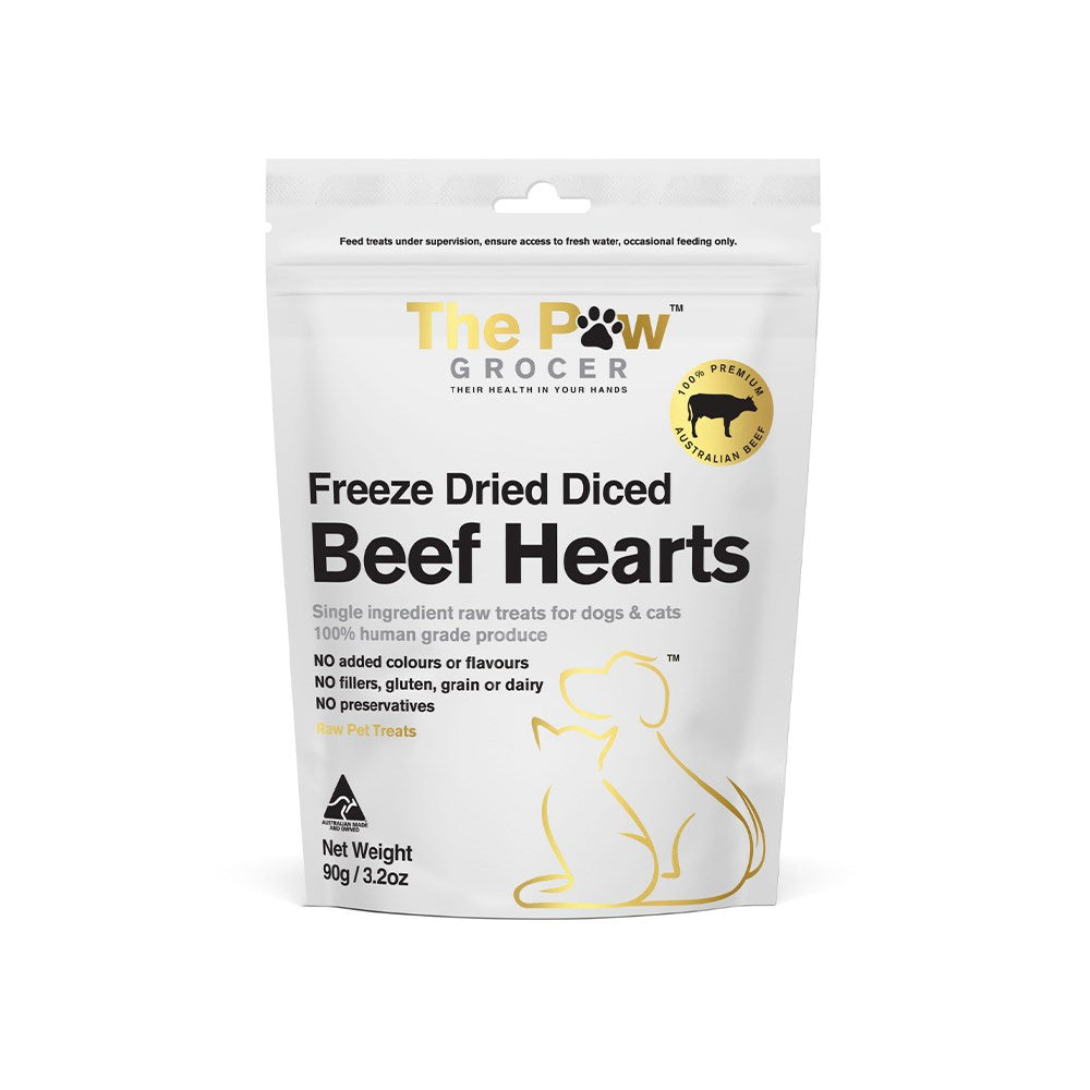 THE PAW GROCER Freeze Dried Diced Beef Hearts Dog & Cat Treats 90g