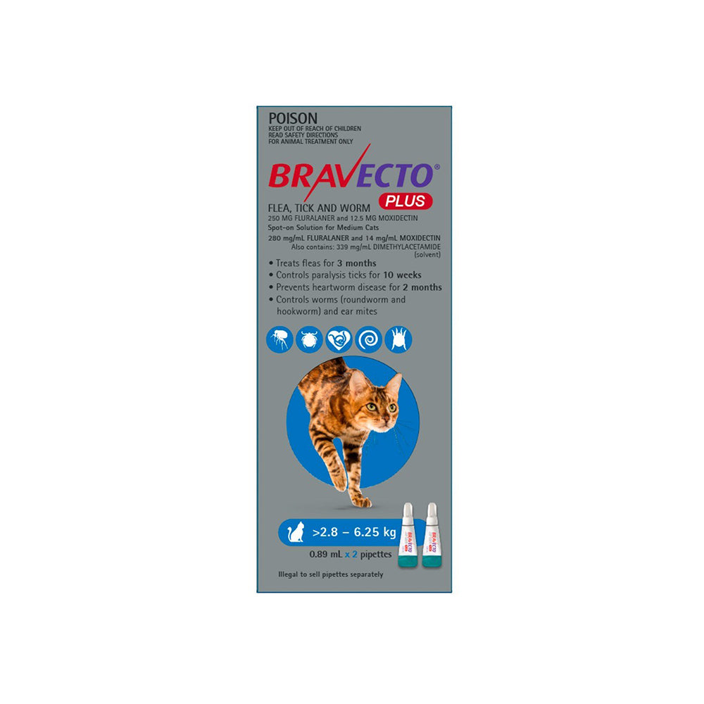 BRAVECTO Plus For Medium Cats (2.8-6.25kg) 2 pipettes