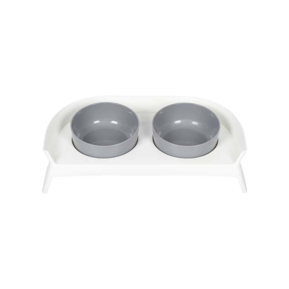 PAKEWAY White Double Plastic Pet Bowls with Grey Rack Petso