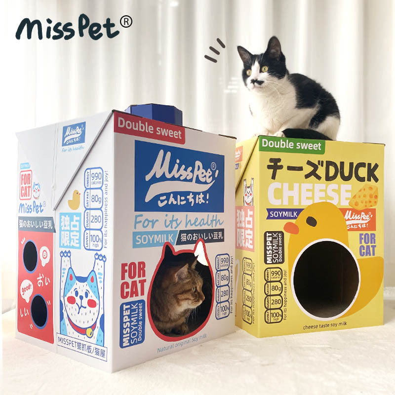MISSPET Yellow Milk Carton Integrated Cat Scratching Board and Cat House