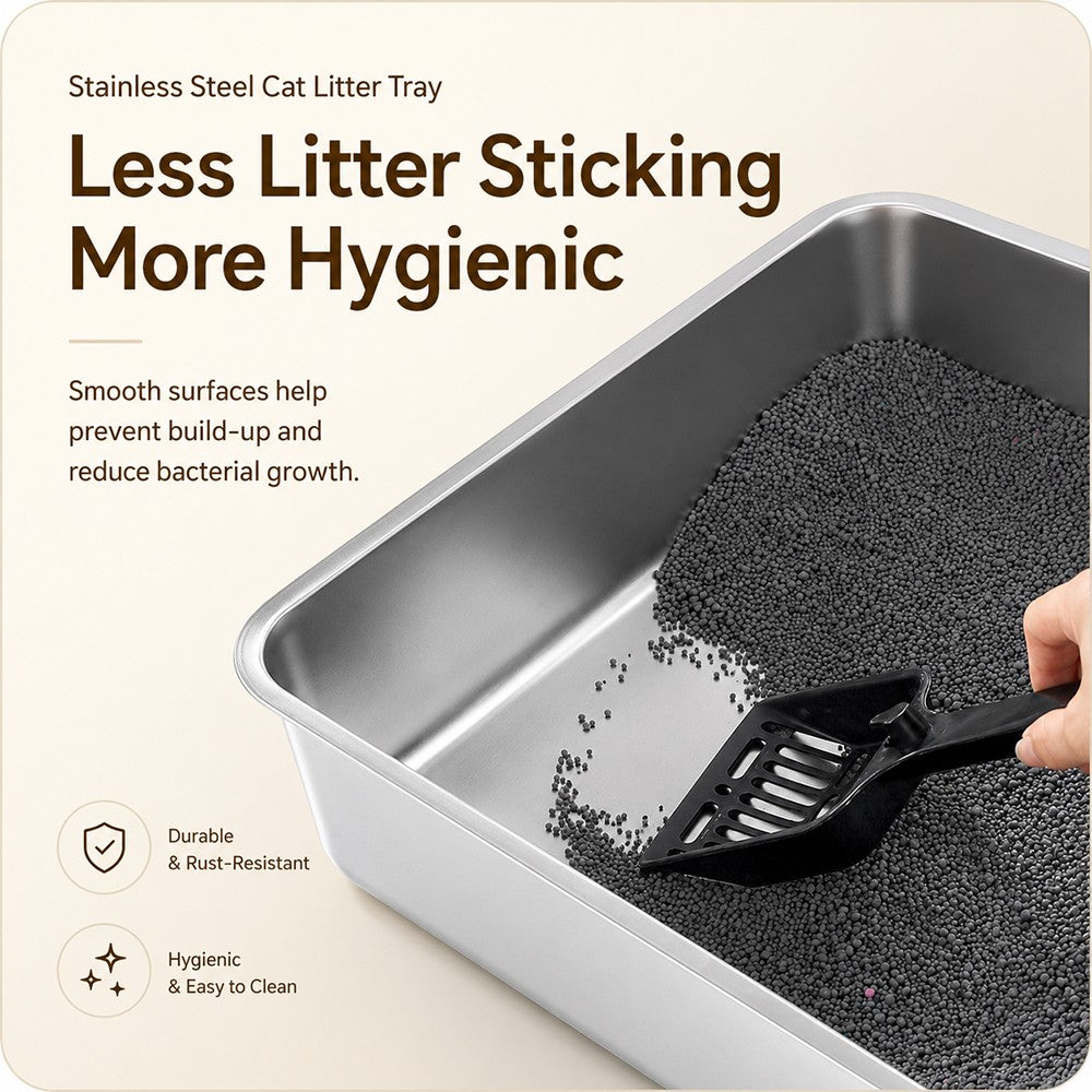 Extra Deep Stainless Steel Cat Litter Box – Heavy Duty Flat Base Design