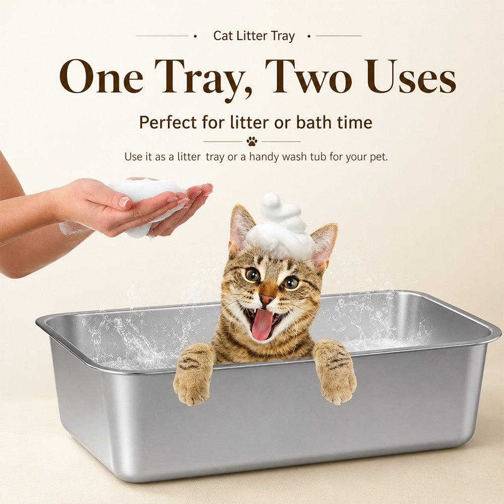 Extra Deep Stainless Steel Cat Litter Box – Heavy Duty Flat Base Design