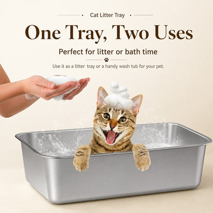 Extra Deep Stainless Steel Cat Litter Box – Heavy Duty Flat Base Design
