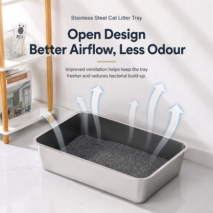 Extra Deep Stainless Steel Cat Litter Box – Heavy Duty Flat Base Design