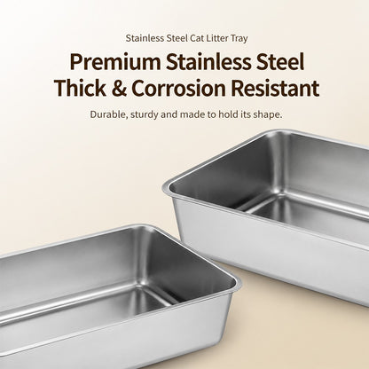 Extra Deep Stainless Steel Cat Litter Box – Heavy Duty Flat Base Design
