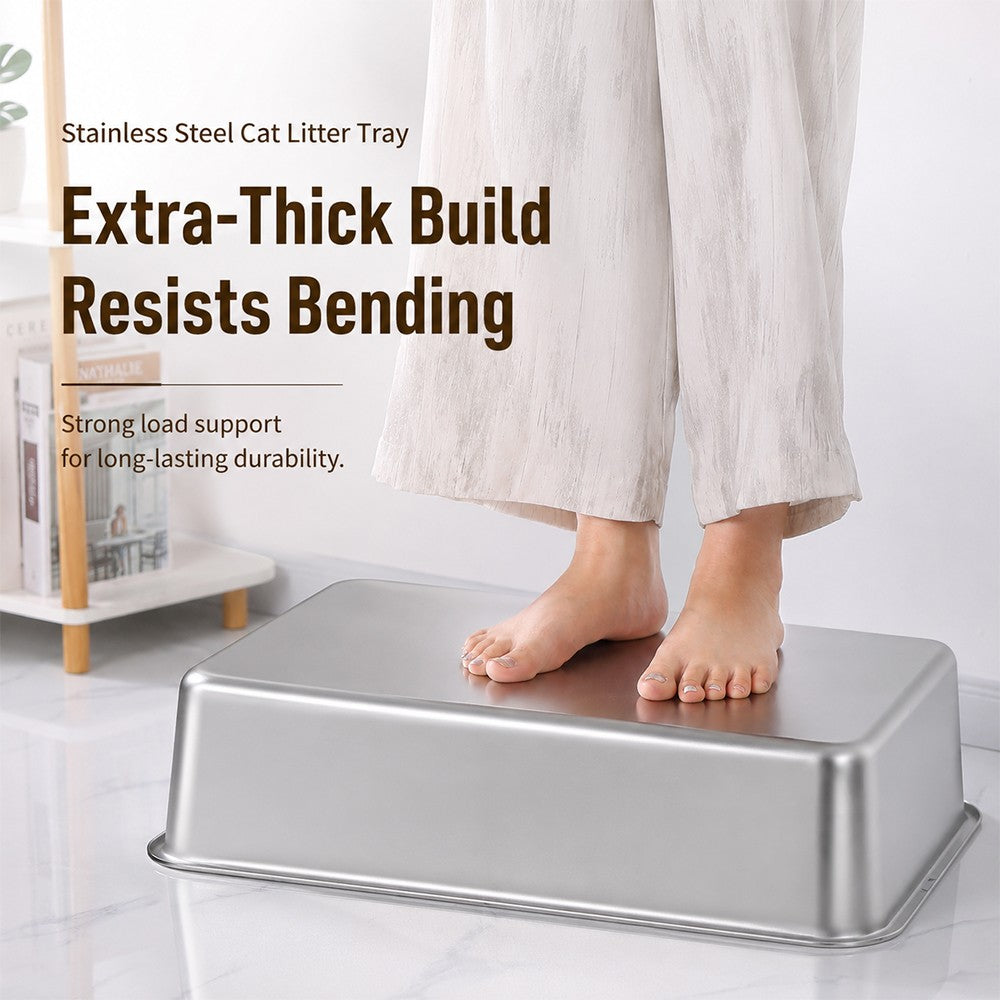Extra Deep Stainless Steel Cat Litter Box – Heavy Duty Flat Base Design