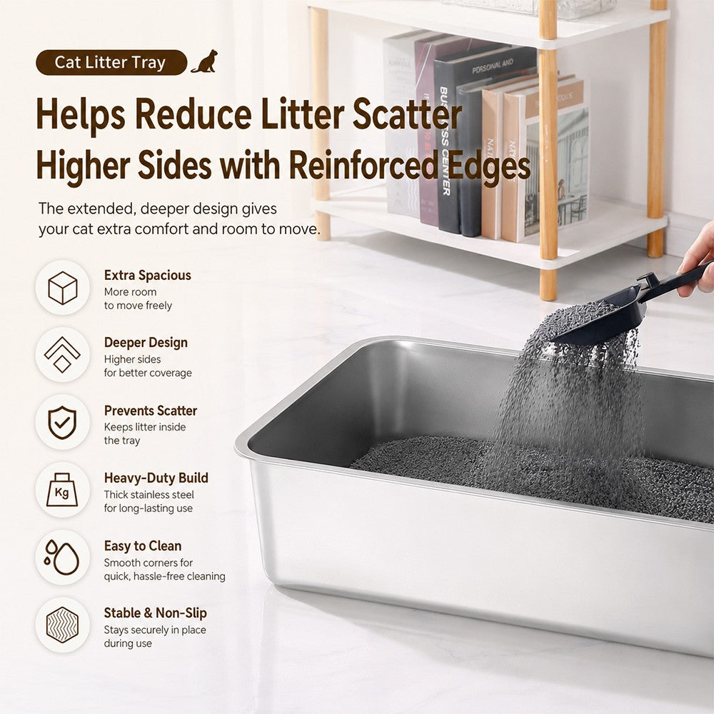 Extra Deep Stainless Steel Cat Litter Box – Heavy Duty Flat Base Design