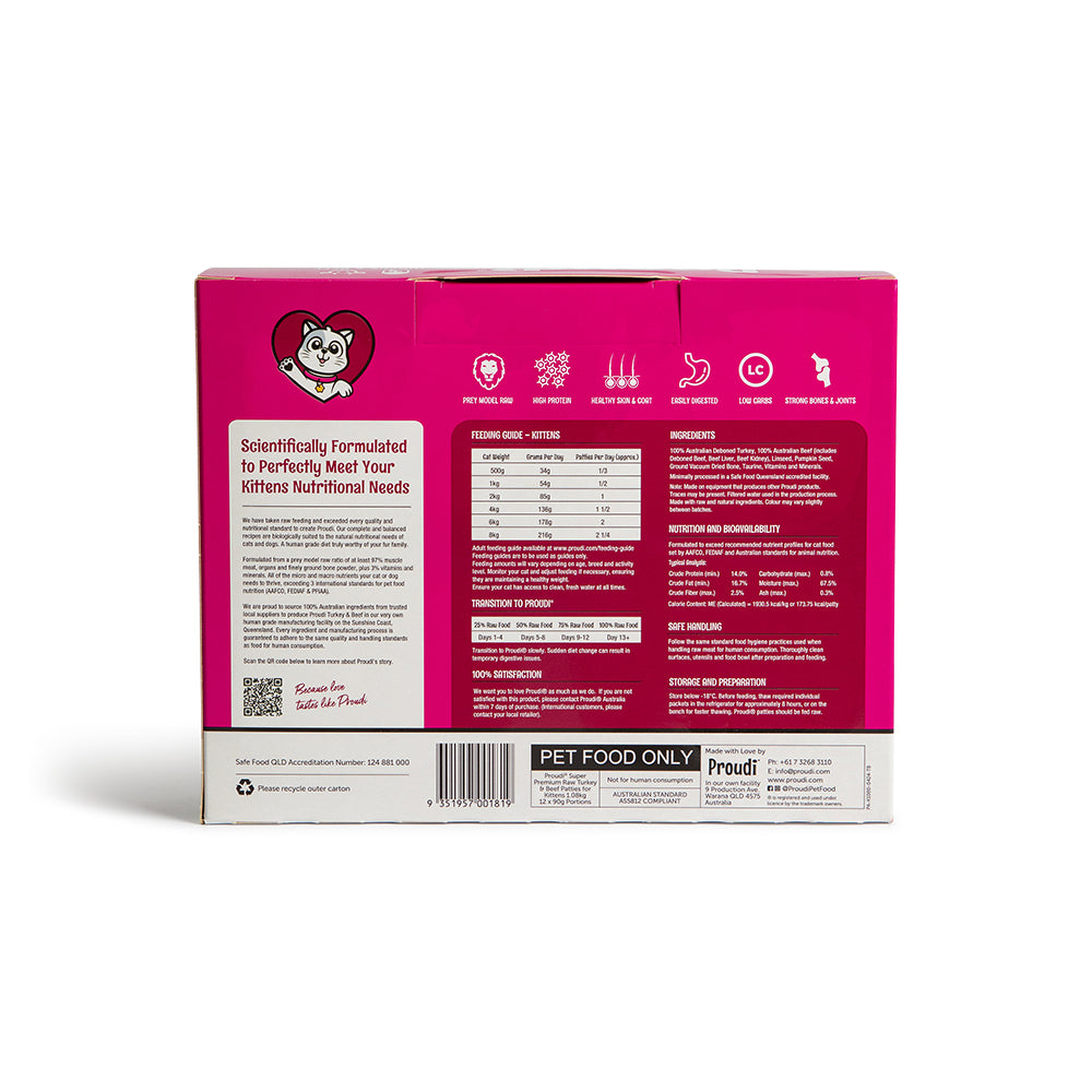 PROUDI Premium Frozen Turkey & Beef Raw Kitten Food 1.08kg