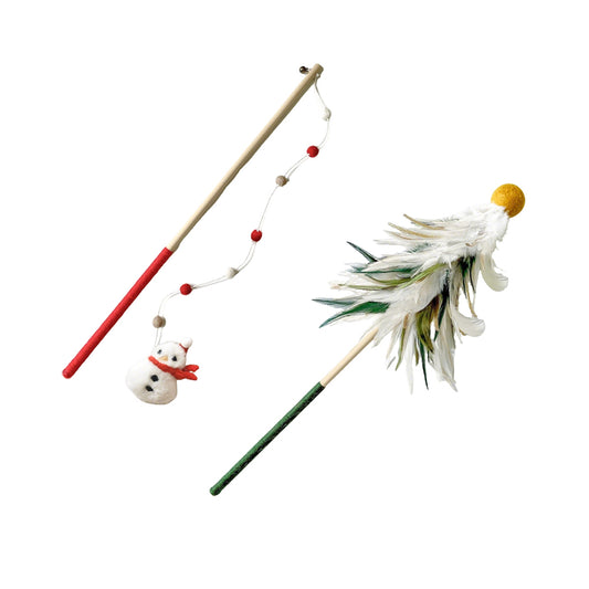 Christmas Cat Teaser Wand with Bell - Interactive Long Rod Toy