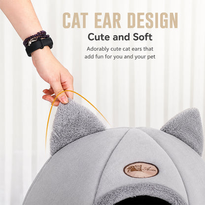 Enclosed Cat Bed House Cozy Warm Grey Large
