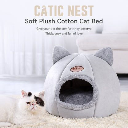 Enclosed Cat Bed House Cozy Warm Grey Large