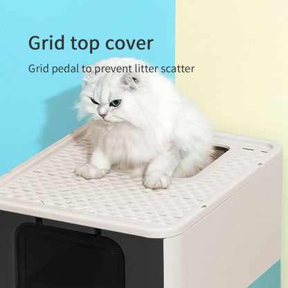 PAKEWAY Foldable Enclosed Cat Litter Box with Stainless Steel Tray 54.2x42.2x38cm