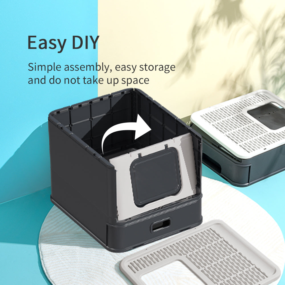 PAKEWAY Foldable Enclosed Cat Litter Box with Stainless Steel Tray 54.2x42.2x38cm