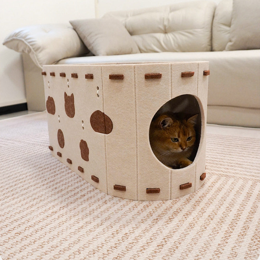 Felt Cat Cave Bed With Scratching Pad - Durable All-Season Hideaway - 52x30x30cm - Cream