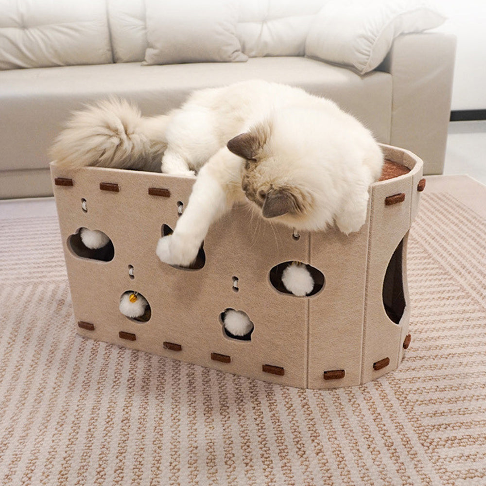 Felt Cat Cave Bed With Scratching Pad - Durable All-Season Hideaway - 52x30x30cm - Cream
