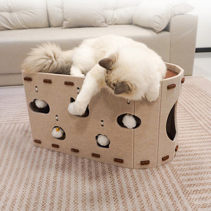 Felt Cat Cave Bed With Scratching Pad - Durable All-Season Hideaway - 52x30x30cm - Cream