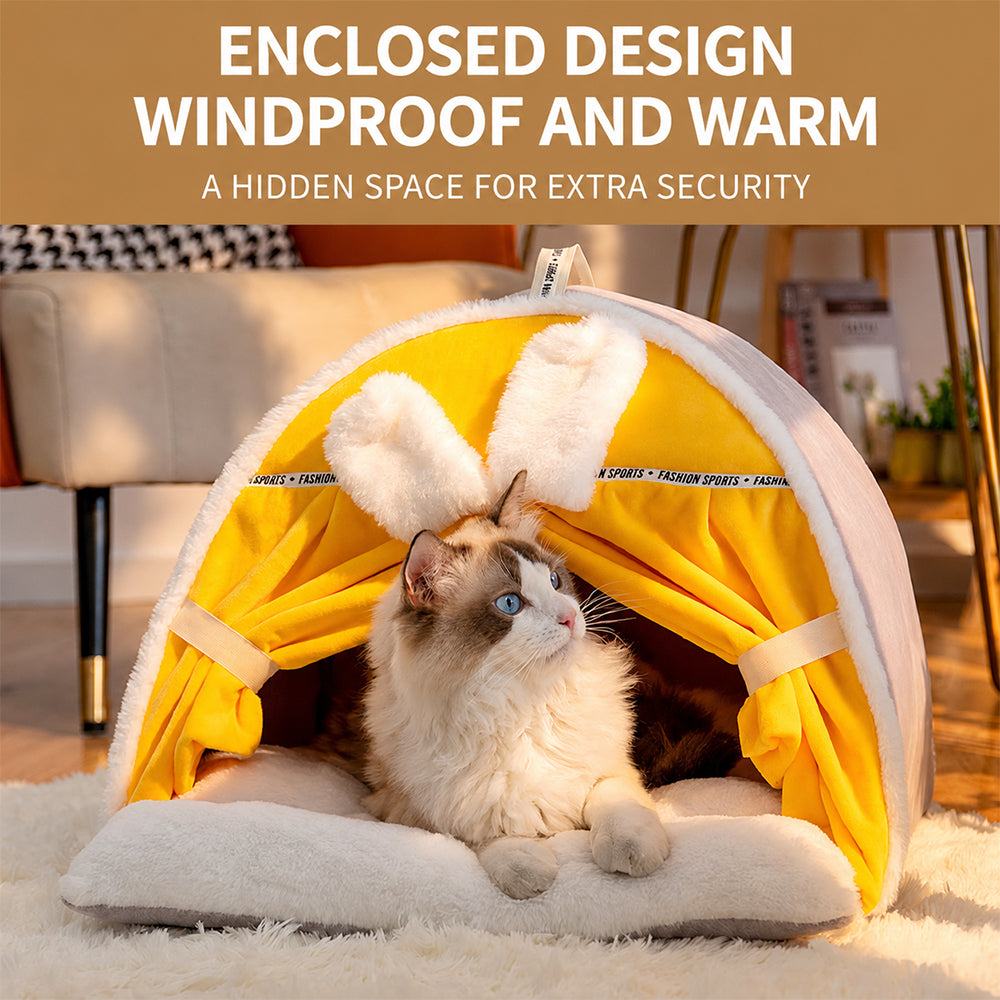 Enclosed Cat Bed | Warm House with Curtain — Bunny Design