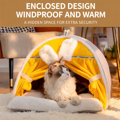 Enclosed Cat Bed | Warm House with Curtain — Bunny Design