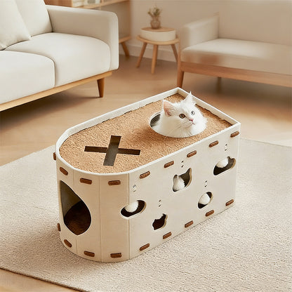Felt Cat Cave Bed With Scratching Pad - Durable All-Season Hideaway - 52x30x30cm - Cream