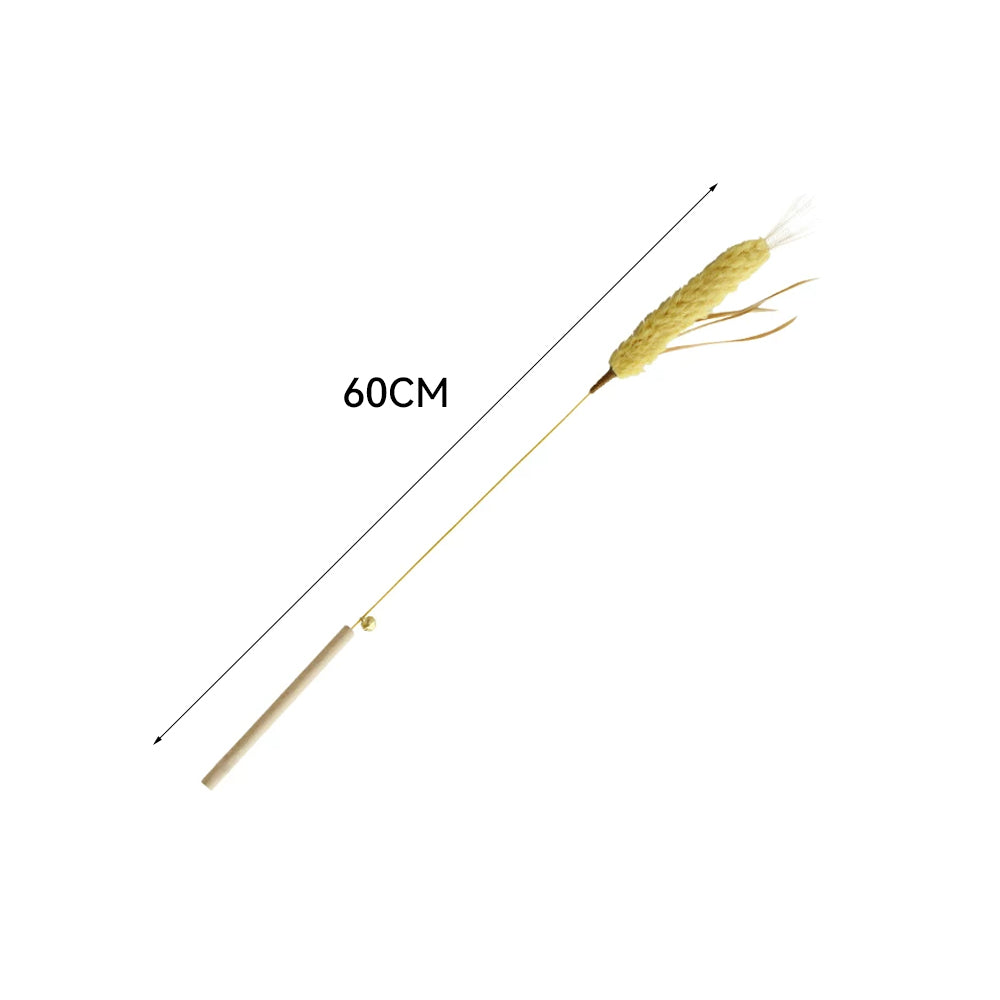 Natural Wheat Ear Cat Teaser Wand - Wooden Handle Interactive Toy