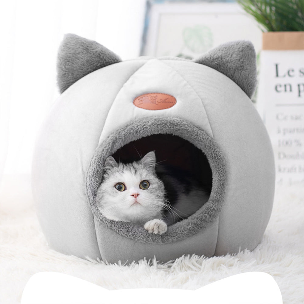 Enclosed Cat Bed House Cozy Warm Grey Large