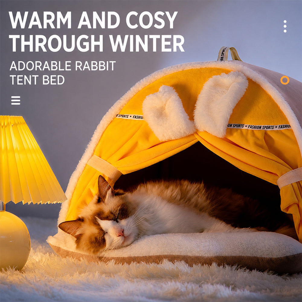 Enclosed Cat Bed | Warm House with Curtain — Bunny Design