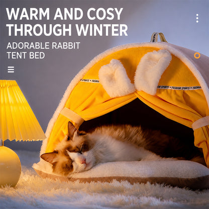 Enclosed Cat Bed | Warm House with Curtain — Bunny Design
