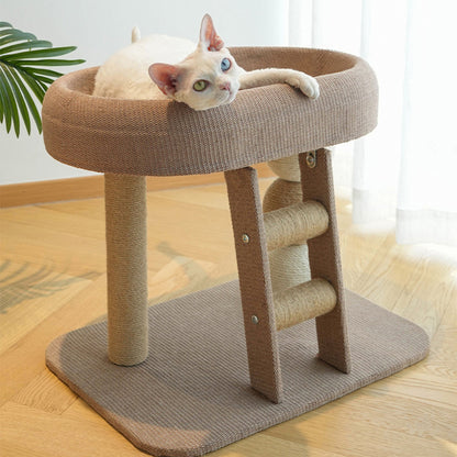 Low Cat Tree with Raised Bed & Sisal Scratching Posts – Step Design