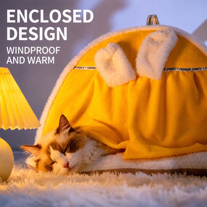 Enclosed Cat Bed | Warm House with Curtain — Bunny Design