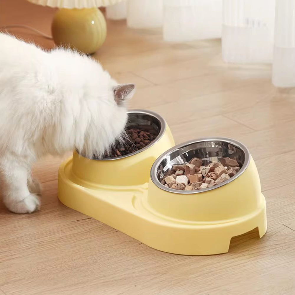 Cream Yellow Elevated Tilted Double Cat Bowl