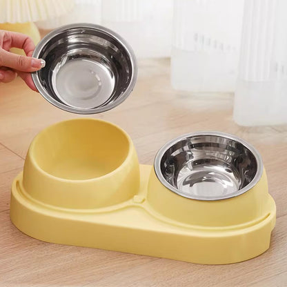 Cream Yellow Elevated Tilted Double Cat Bowl