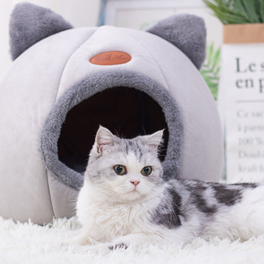 Enclosed Cat Bed House Cozy Warm Grey Large