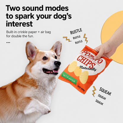 Dog Toy Plush Crinkle Squeaky Chips Bag Interactive Toy