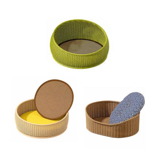 Woven Straw Cat Bed with Cooling Mat and Cushion – Semi-Enclosed, All-Season